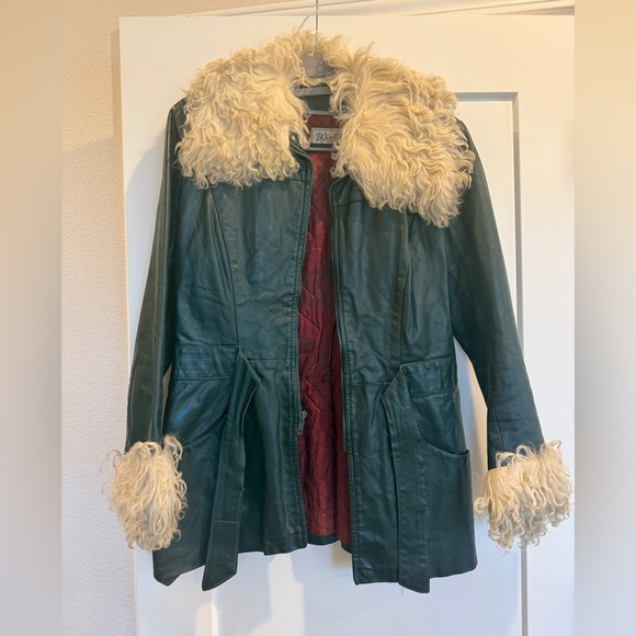 Vintage Dark Green Leather and cream Mongolian Shearling Fur Coat - Picture 2 of 8